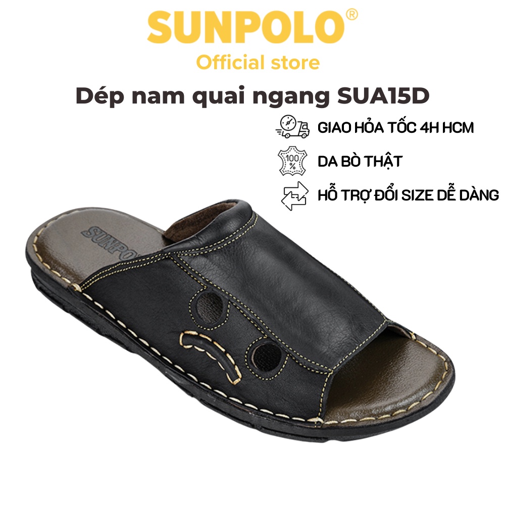 Dép Quai Ngang Nam Da Bò SUNPOLO Đen - SUA15D - Có Big size 44 45