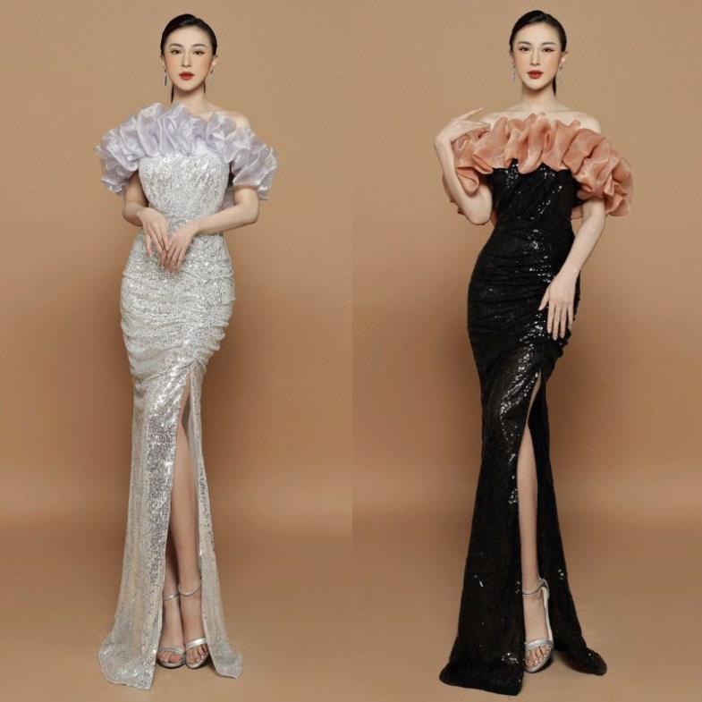 Đầm dạ hội kim sa cúp ngực phối lưới thiết kế cao cấp (đầm dự tiệc cao cấp) tăng hoa tai thời trang