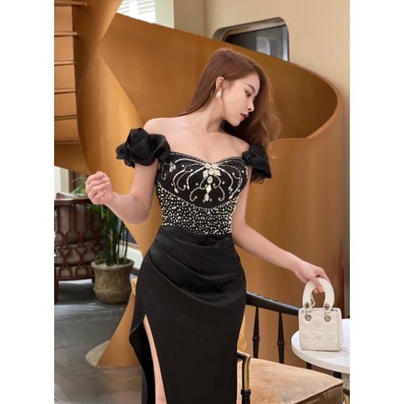 Đầm dạ hội phi bẹt vai đính đá cao cấp kèm ảnh thật