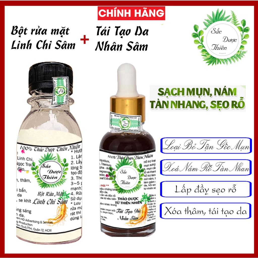 COMBO Tái Tạo Da Sắc Dược Thiên 30ml + Bột Rửa Mặt Linh Chi Sâm 60g chính hãng Cải Thiện tận gốc mụn, nám rỗ, tàn nhan