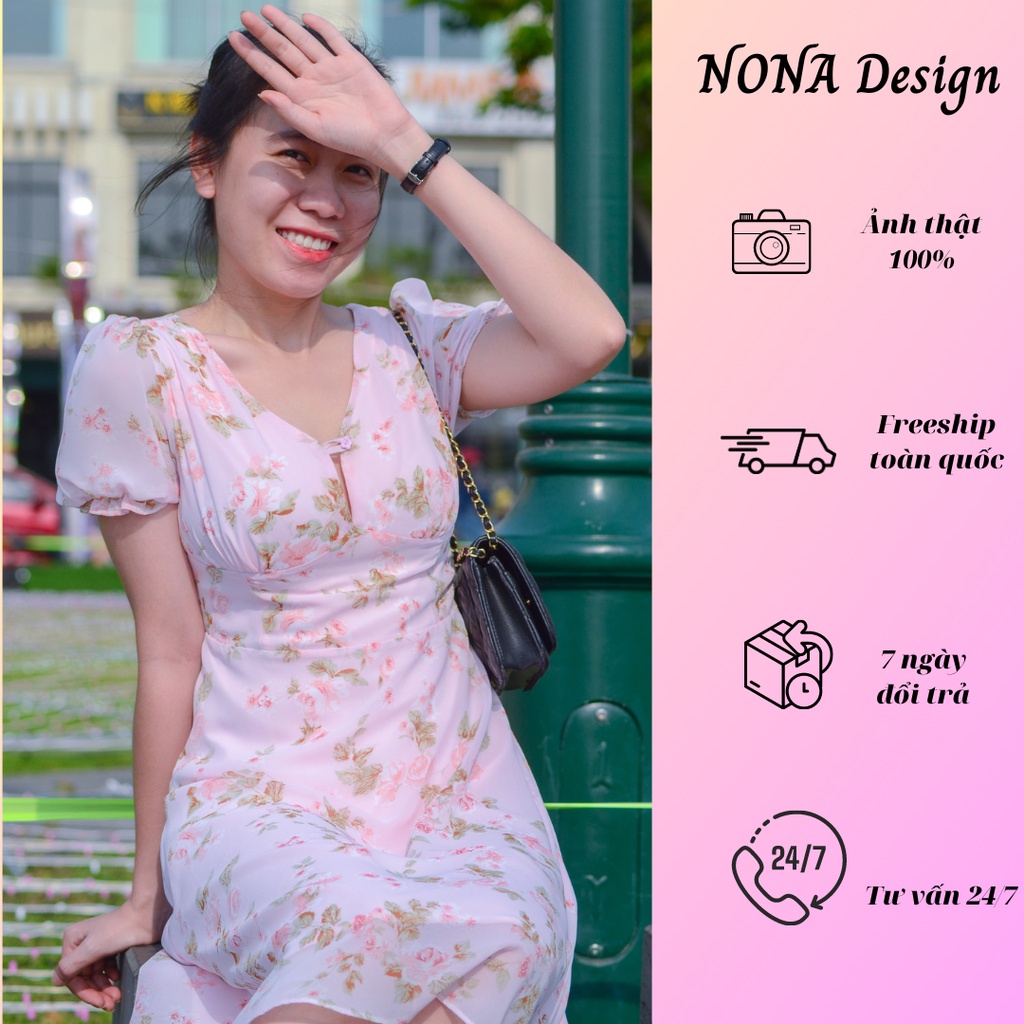 Đầm voan hồng họa tiết hoa nữ cổ V cúc thật tay phồng bo thun dáng xòe