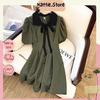 Đầm váy nữ cổ chữ V thắt nơ, chiết eo tay phồng dáng váy ngắn năng động
