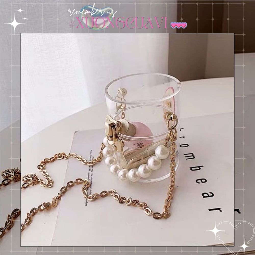 ✧Ảnh thật✧ Túi đeo chéo hộp tròn mini trong suốt quai hạt đi tiệc TX035 Xưởng Của Vi