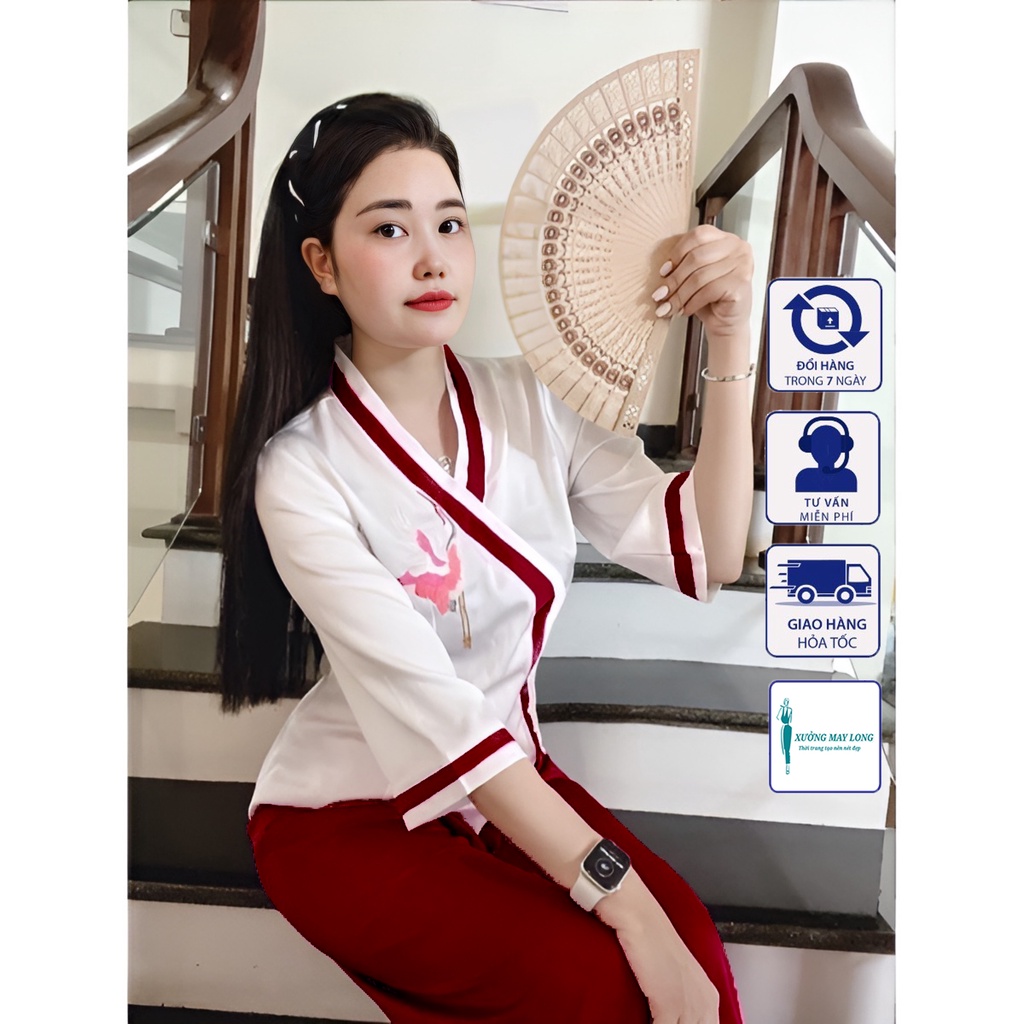 Đồ lam đi chùa nữ đồ lam nữ viền thêu hạc set đồ lam nữ đi chùa xinh xắn set pháp phục 4 màu