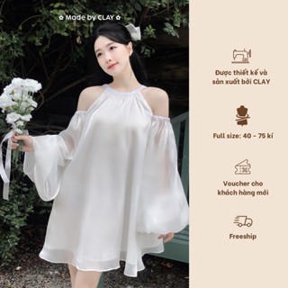 Sakura Dress Áo / Váy babydoll nữ thiết kế hở vai cổ yếm voan organza dáng xòe tay dài bồng có bigsize Clay Clothing