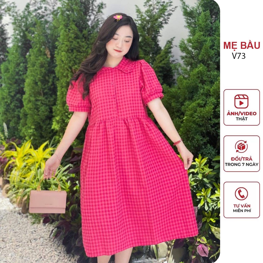 ĐẦM VÁY BẦU CÔNG SỞ MÙA HÈ CỔ SƠ MI KẺ CARO DÁNG BABYDOLL ĐẸP SANG CHẢNH - ĐẦM BẦU XINH THỜI TRANG FREESIZE