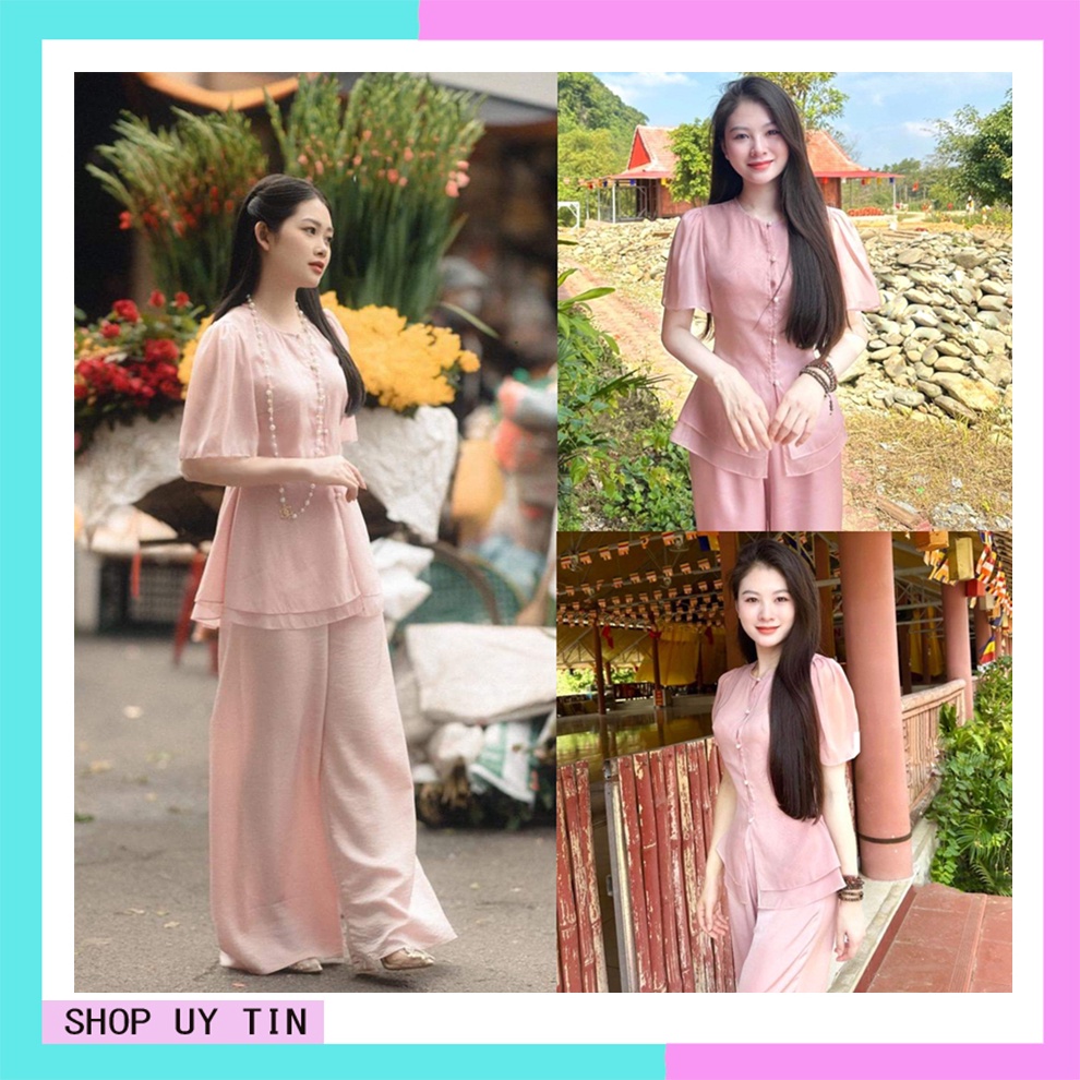 Pháp phục đi chùa cổ tròn Quần áo đi chùa Đồ lam đi chùa nữ cách tân đính ngọc 2 tà lụa mềm mại hàng đủ size S M L
