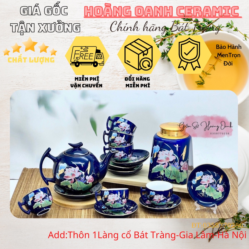 (CHỌN MẪU)Bộ Ấm Chén Pha Trà Bát Tràng-hàng nhà lò giá tận gốc,men Xanh Cổ vẽ vàng Phúc Đức-Vinh Hoa Phú Quý,ấm Bưởi