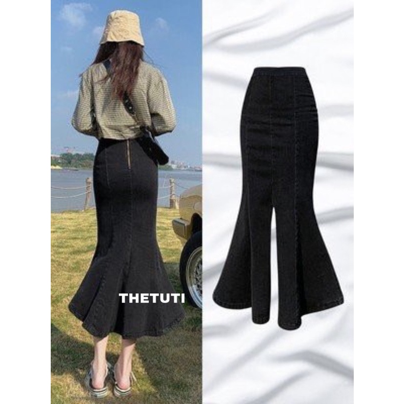 Chân váy jeans THETUTI đuôi cá dài xẻ tà giữa co giãn tốt, cá tính - thời trang