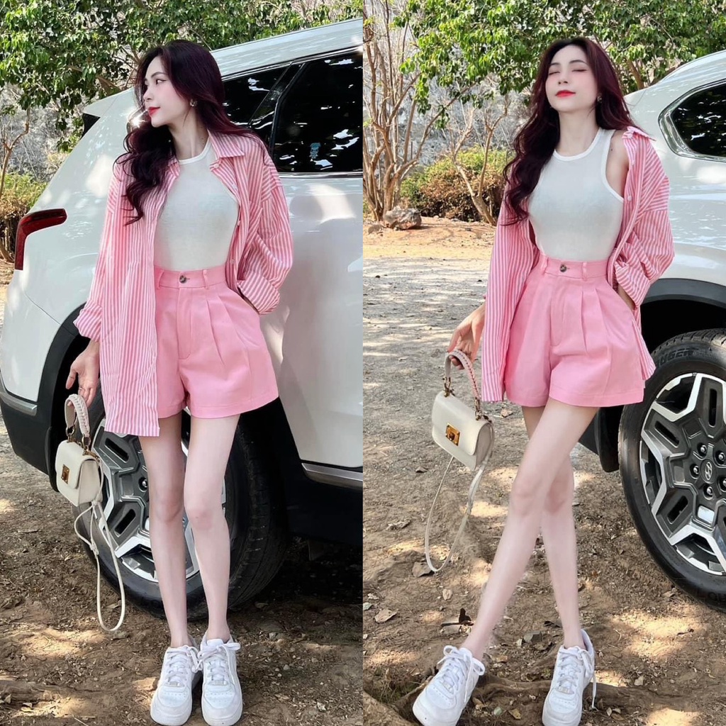 Set đồ bộ nữ áo thun ba lỗ kèm khoác sơ mi ngoài mix quần đùi lưng cao tôn dáng, trẻ trung dành cho các nàng dạo phố .
