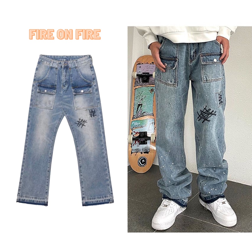 Quần jean dài dáng suông phối nhiều túi phong cách UNISEX