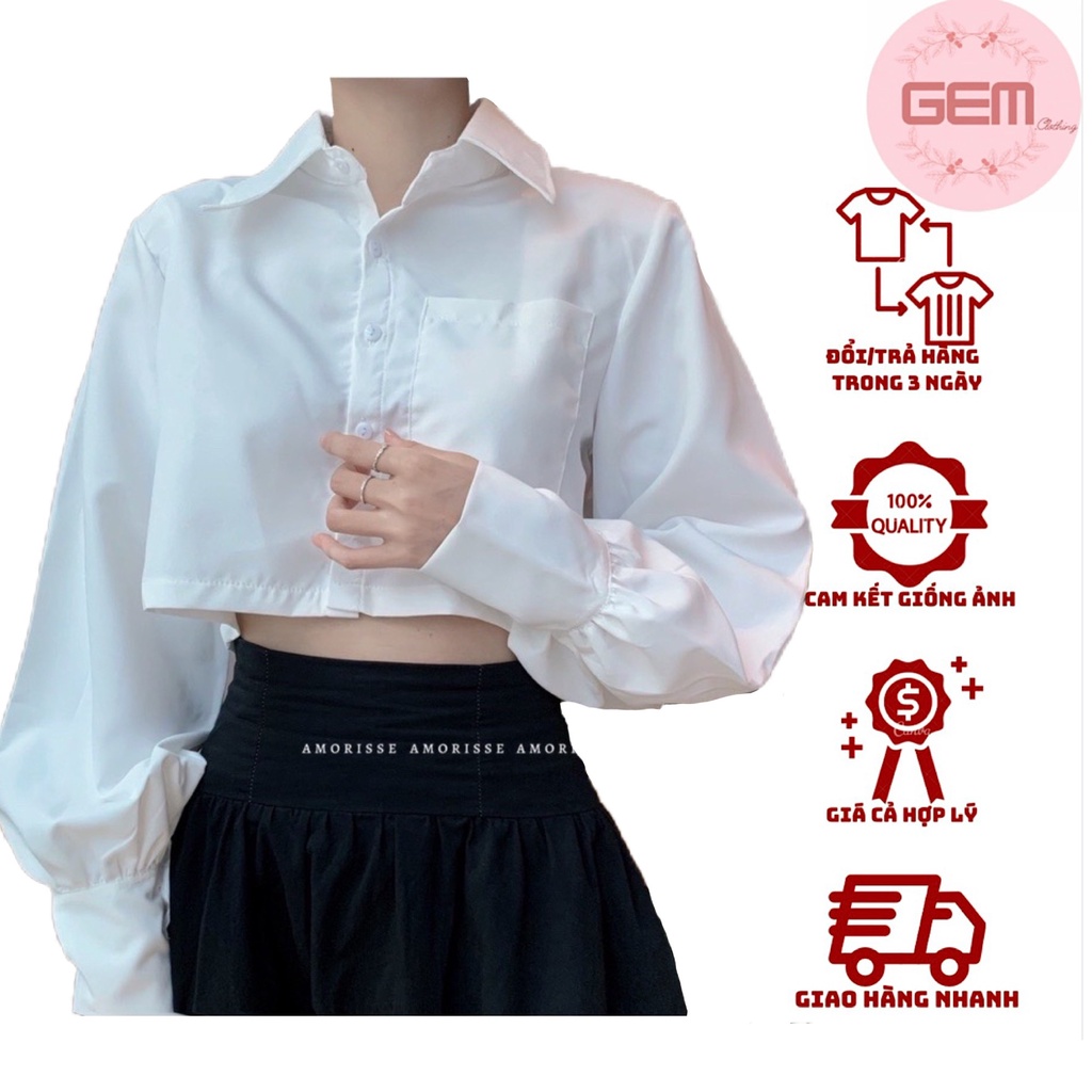 Sơ mi croptop nữ TRẮNG TRƠN TÚI NGỰC loại đẹp, sơ mi nữ điệu đà ulzzang kiểu tay bồng Hàn Quốc Freeship sale