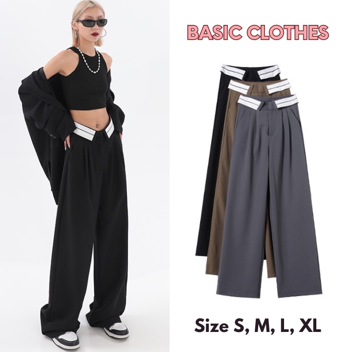 Quần Ống Suông Nữ Culottes Cạp Bẻ Phối Viền Lưng Cao Chất Dày Dặn Phong Cách Hàn Quốc (Hàng Quàng Châu)