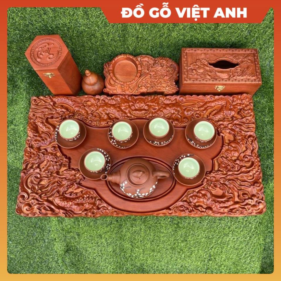 Combo 6 món đồ gỗ mỹ nghệ mini ngũ long hội tụ ấm chén khay trà gỗ hương đỏ, Đồ gỗ nội thất cao cấp hộp giấy lọ tăm