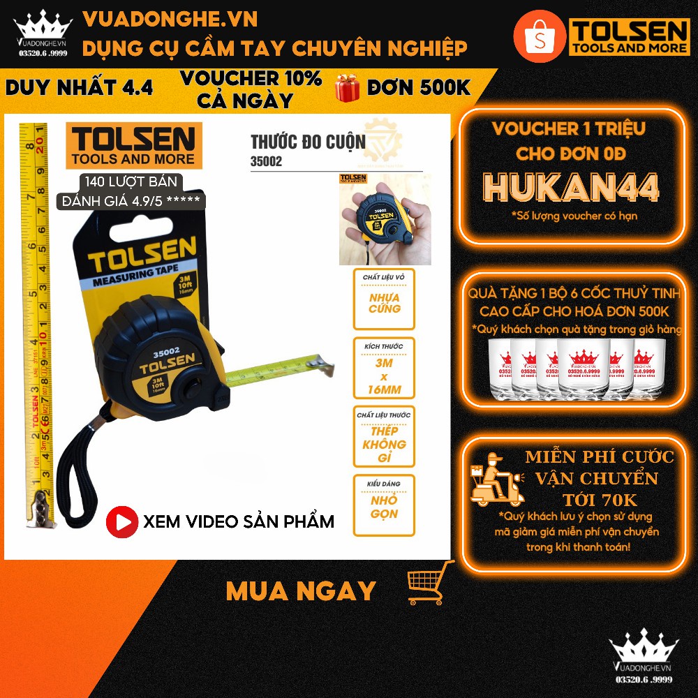 Thước cuộn 3m đo bọc nhựa mềm TOLSEN 35006 dùng trong xây dựng, sửa chữa công trường, cơ khí, lắp ráp