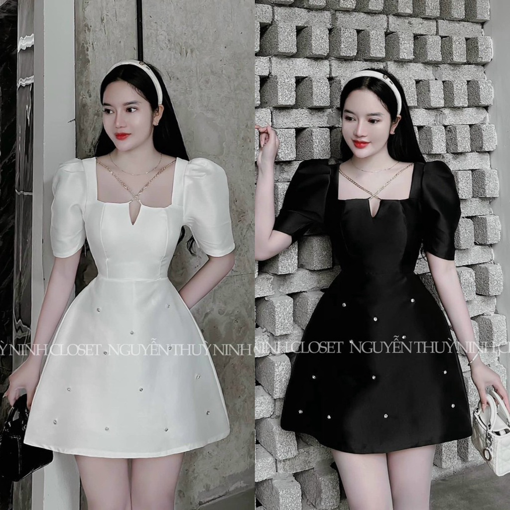 Đầm váy nữ tay phồng mix dây chéo ngực với dáng váy chữ A xòe sang chảnh dành cho các nàng đi tiệc, hẹn hò siêu xinh.