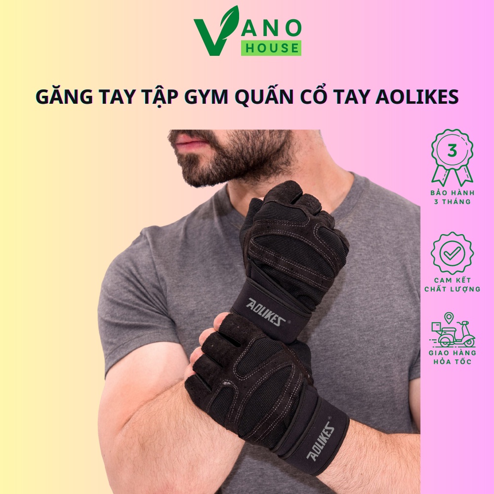 Găng Tay Tập Gym Hở Ngón Aolikes Hít Xà Đơn Đệm Silicone Chống Trượt Dây Quấn Trợ Lực Cổ Tay AL109