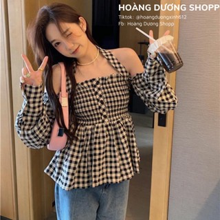 Áo Sơ Mi Ngắn Trễ Vai Dài Tay Hoạ Tiết Kẻ Caro, Áo Sơ Mi Trễ Vai Tầng Họa Tiết Thời Trang Dành Cho Nữ 2023