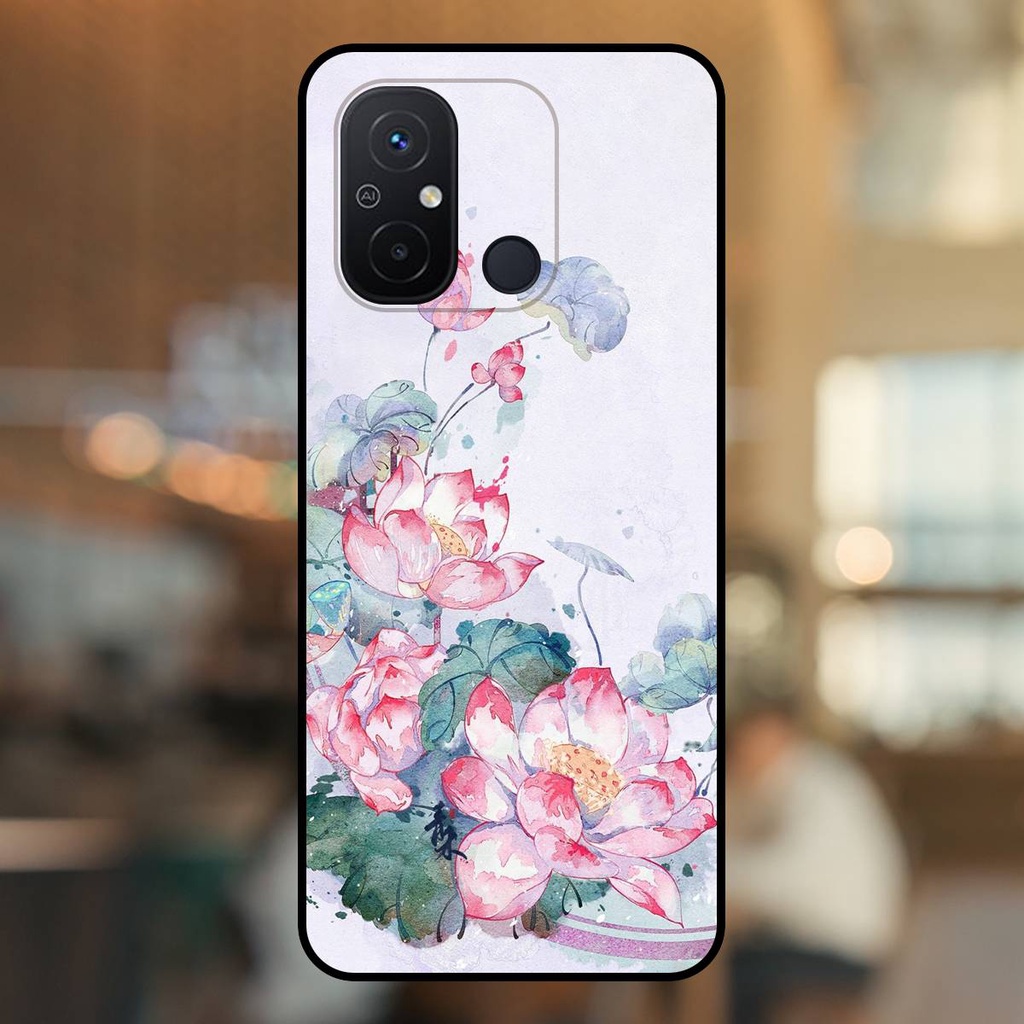 Ốp lưng điện thoại Xiaomi Redmi 12C viền đen Hoa Sen Hoa Đẹp