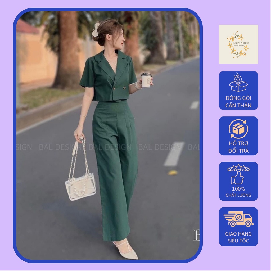 Sét Bộ Nữ, Bộ Áo Vest Croptop Nữ Ngắn Tay Đính Nút Sau Kèm Quần Suông Ống Rộng Kéo Khóa Chất Cotton Lạnh Hàng Thiết Kế Đ