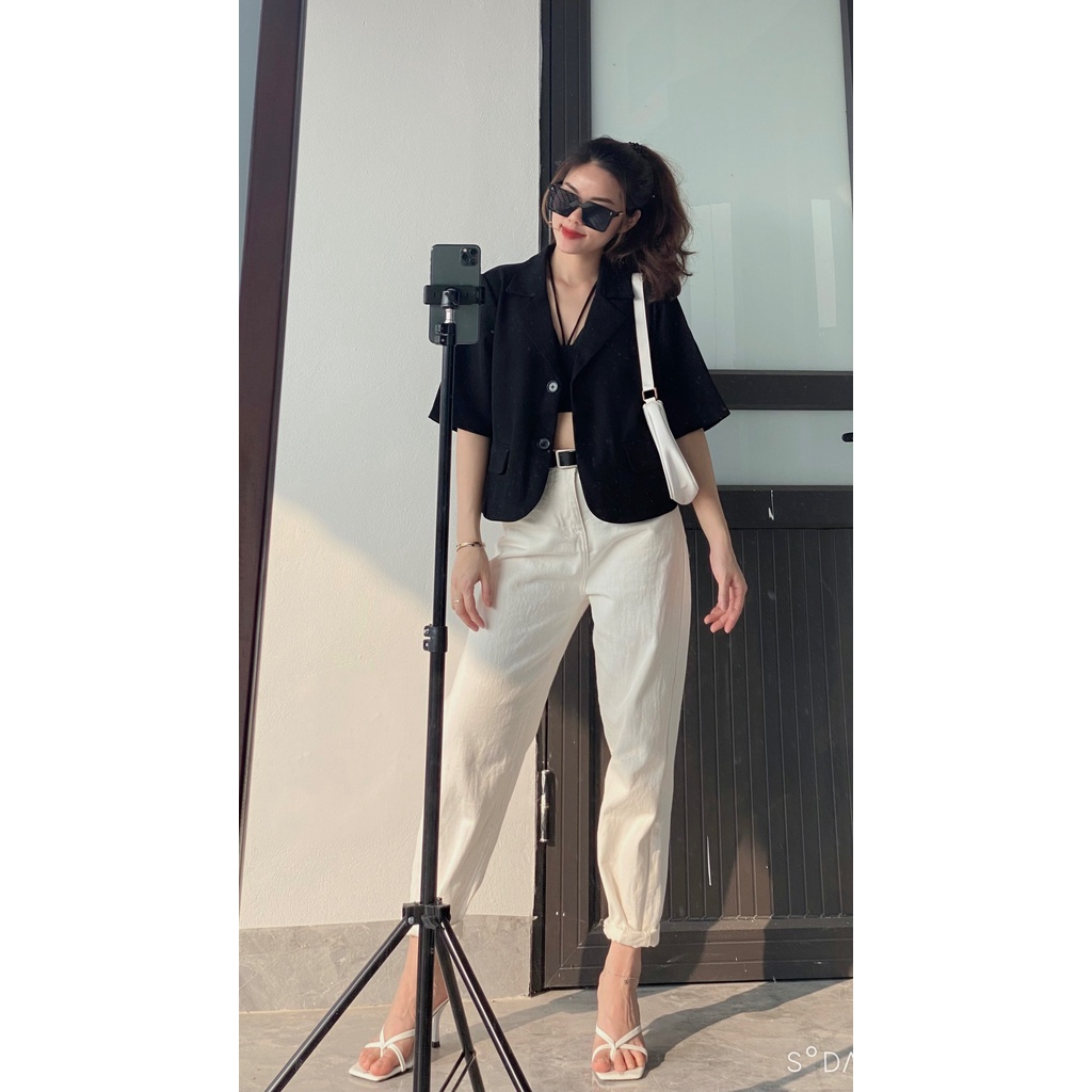 Áo blazer nữ 1 lớp tay ngắn dáng ngắn hàng thiết kế form Hàn Quốc HaMei BTQ