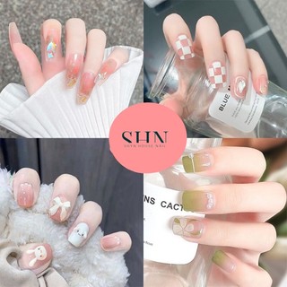 Móng tay giả đính đá đính nơ kèm keo, Set 24 móng tay giả, bộ móng tay giả dài vuông
