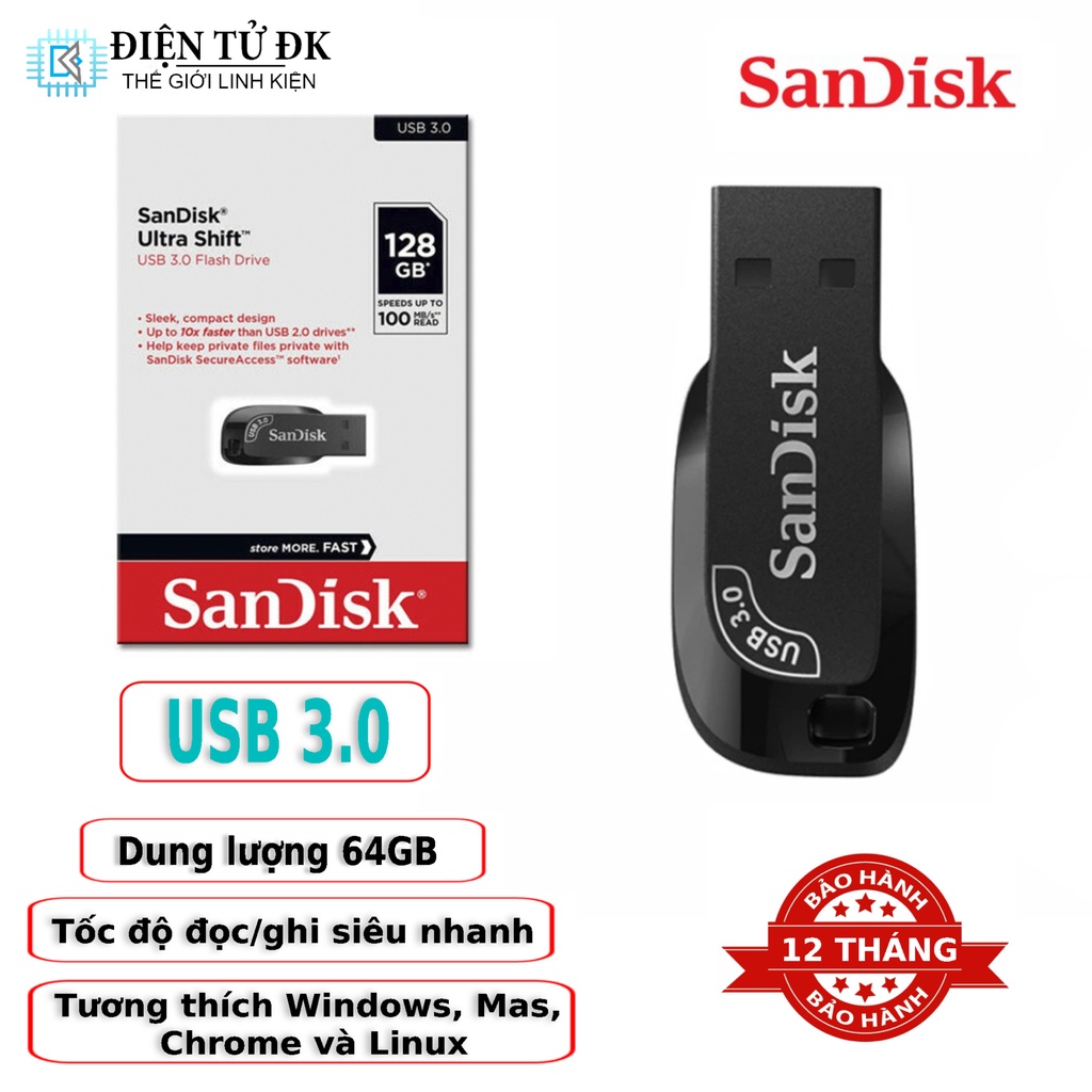 USB 64GB 3.0 SanDisk Ultra Shift Flash Drive CZ410 Duong Lượng 64GB (Không Dung Lượng Ảo)