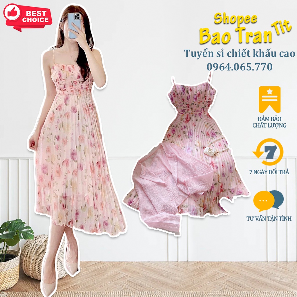 Set đầm 2 dây midi hoa hồng dập ly kèm khoác croptop - Hàng mới mỗi ngày