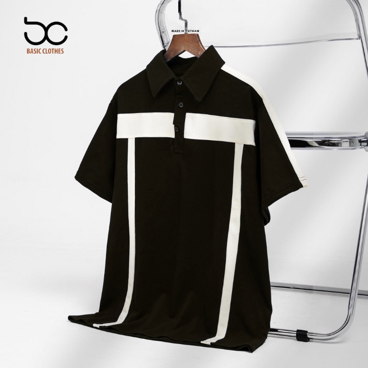 Áo Polo Basic From Rộng Tay Lỡ Unisex, Áo Polo Nam Phối Sọc Trắng Chỉ Nổi Chất Dày Dặn Thoáng Mát