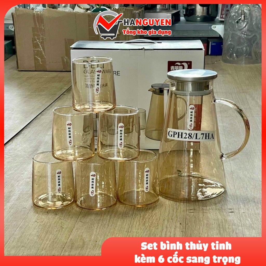 Set bình thủy tinh kèm 6 cốc sang trọng hiện đại dày dặn