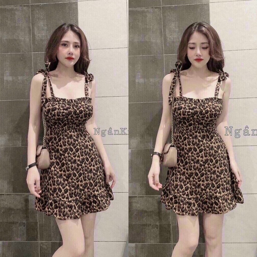 Đầm váy nữ hai dây buộc nơ cúp ngực mix dáng váy đuôi cá ngắn họa tiết da beo xinh xắn dành cho các nàng đi chơi, hẹn ho