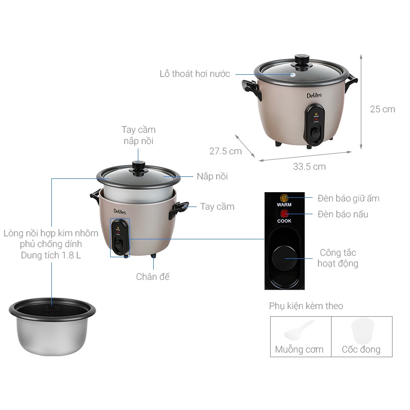 Nồi cơm nắp rời Delites 1.8 lít RC-10W003 hàng trưng bày mới 99% như ảnh