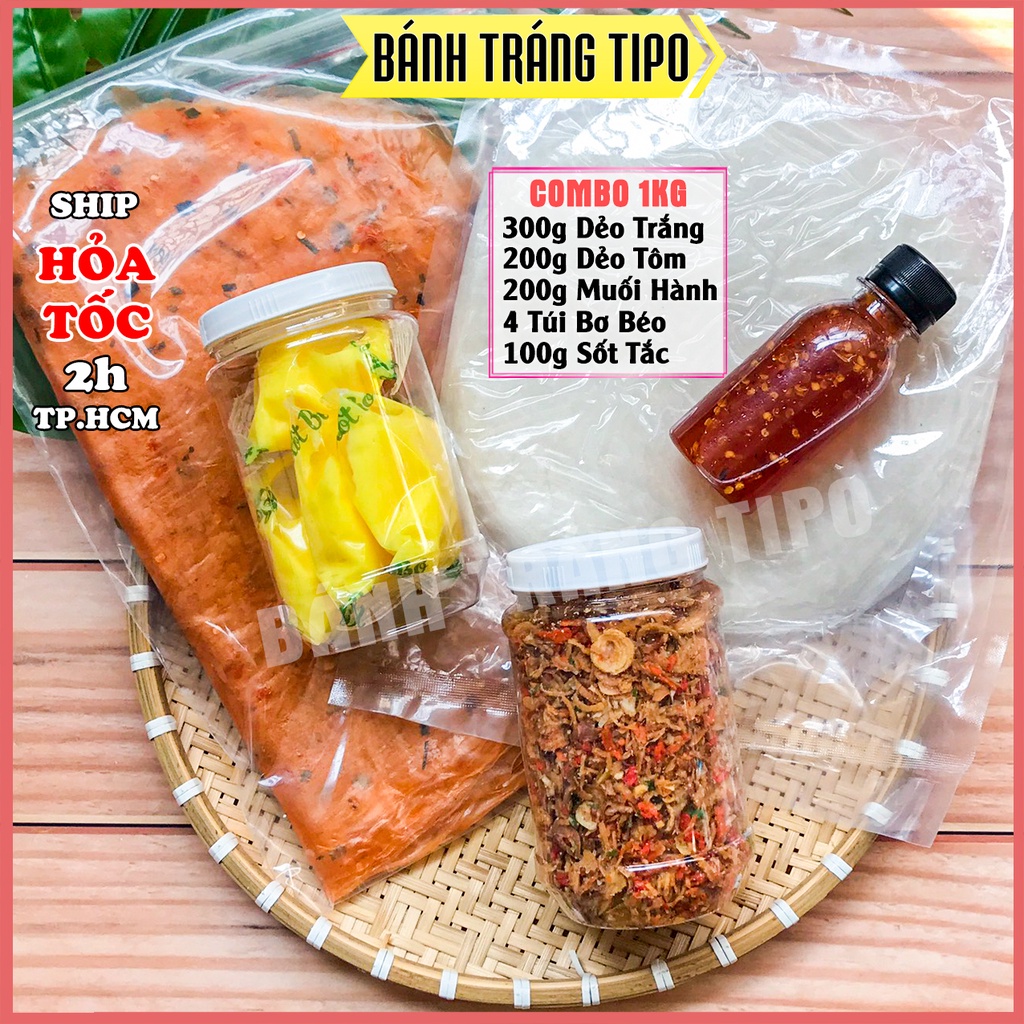 COMBO SIÊU BƠ - Bánh Tráng Phơi Sương Dẻo Trắng 300g + Dẻo Tôm 200g - 4 Gói Bơ Béo - Muối Tép Hành Phi - BÁNH TRÁNG TIPO