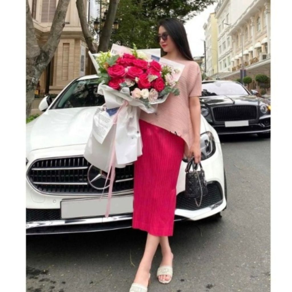 Set áo thun cổ tròn tay ngắn lệch tà xéo kèm chân váy midi đập ly cho nàng đi chơi, đi tiệc, đi làm T772 - YADO