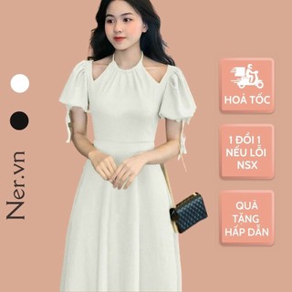 Váy cổ yếm dáng dài đầm midi cổ yếm tay phồng N141 màu đen trắng tại xưởng sỉ đầm thiết kế NER