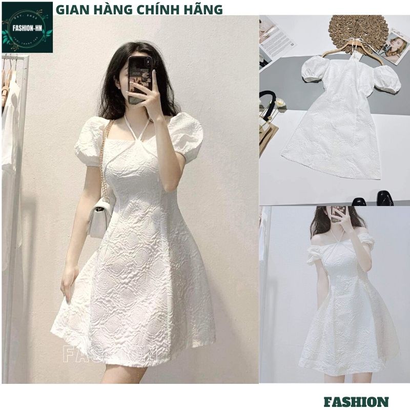 Đầm trắng gấm xốp cổ yếm - Váy ngắn dáng xòe mặc được 2 kiểu tiểu thư sang chảnh nữ tính - FASHION V100