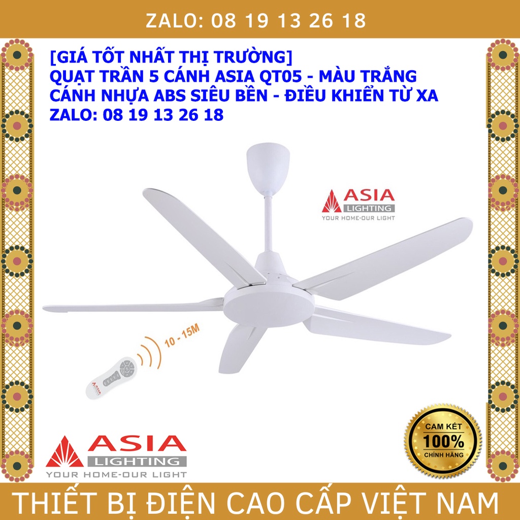 Quạt trần 5 cánh Asia QT05, có điều khiển từ xa, màu trắng, cánh nhựa ABS, công suất 80W, bảo hành 2 năm