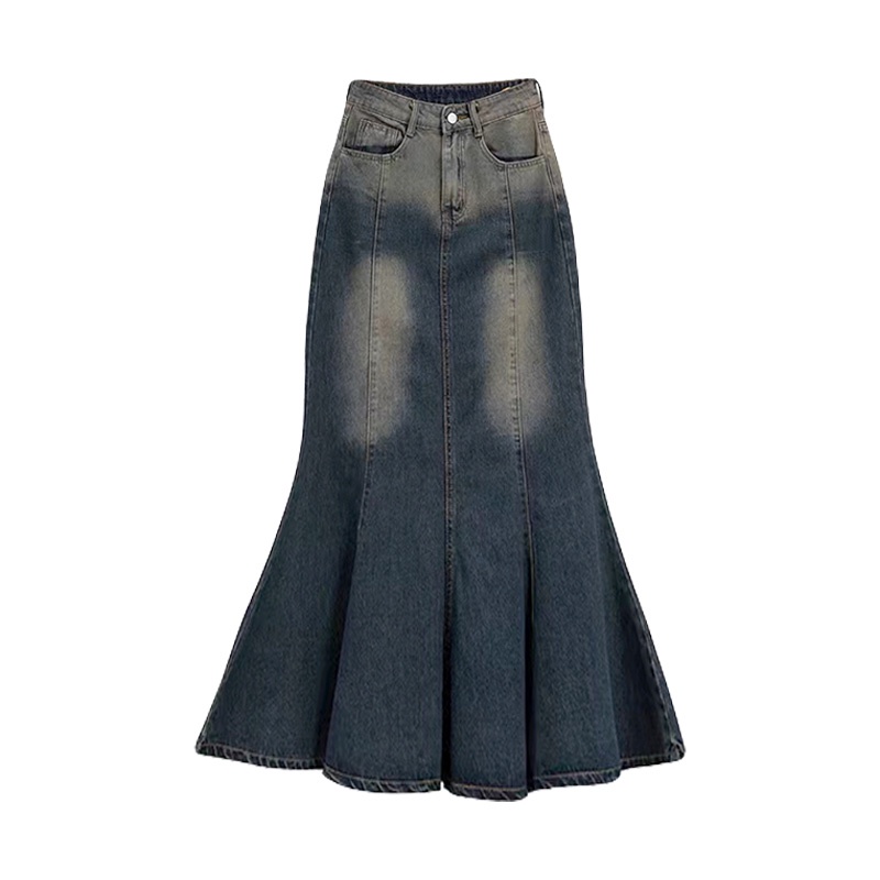 Chân váy jean đuôi cá dài, chân váy denim retro lưng cao xòe rộng xanh đen