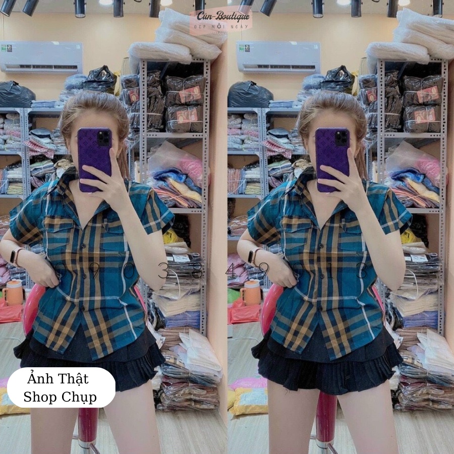 Áo sơ mi nữ carô màu M060 tay ngắn dáng vừa chất liệu cotton onesize dưới 55kg mặc đi học đi làm đi chơi