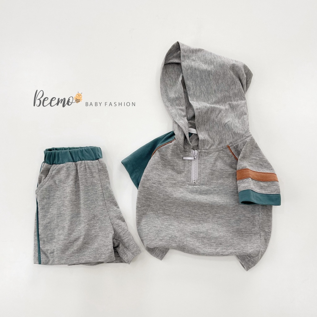 Set bộ hoodie Beemo kéo khoá phối kẻ tay mặc hè chất liệu cotton thoáng mát, thấm hút mồ hôi cho bé từ 1 - 7 tuổi 22422B