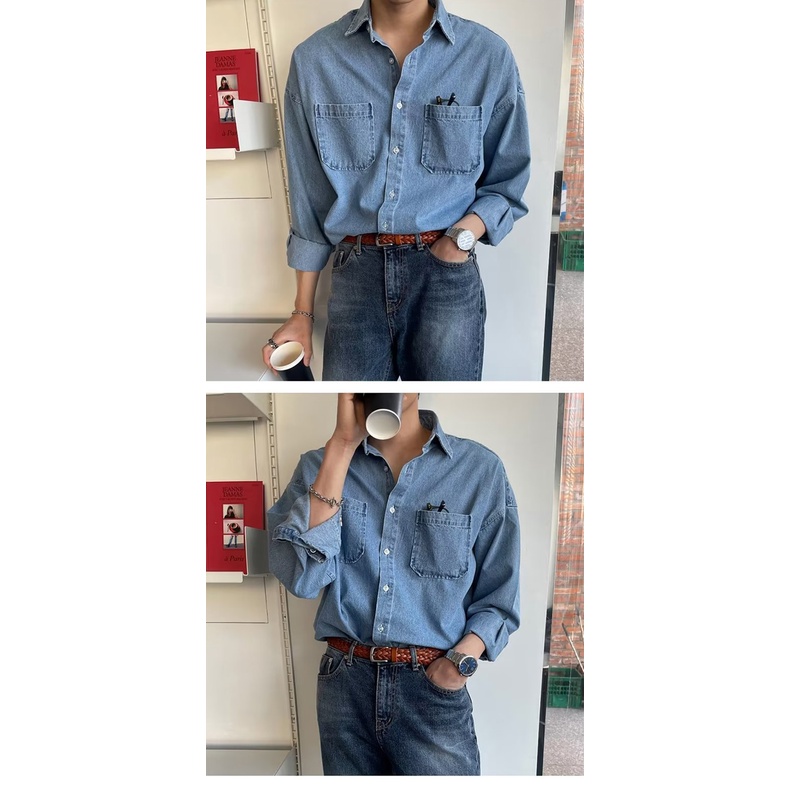 Áo Sơ Mi Denim Dài Tay Phong Cách Hàn Quốc Dành Cho Nam