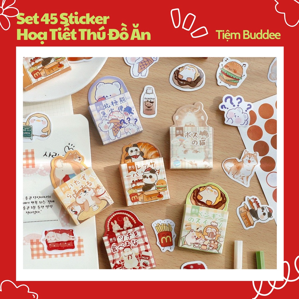 Sticker Hộp 45 Miếng Dán Hình Thú Kèm Đồ Ăn Xinh Xắn , Hộp Nhãn Dán Trang Trí Sổ Tay Bullet Journal