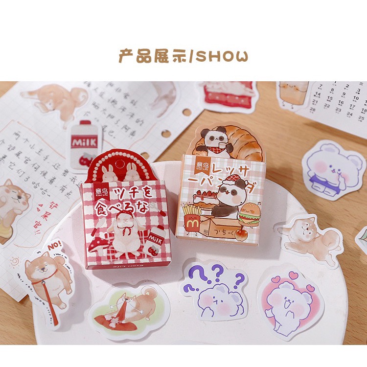 Sticker Hộp 45 Miếng Dán Hình Thú Kèm Đồ Ăn Xinh Xắn , Hộp Nhãn Dán Trang Trí Sổ Tay Bullet Journal