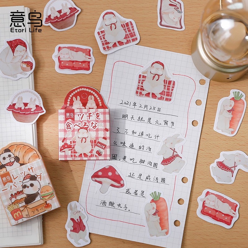 Sticker Hộp 45 Miếng Dán Hình Thú Kèm Đồ Ăn Xinh Xắn , Hộp Nhãn Dán Trang Trí Sổ Tay Bullet Journal