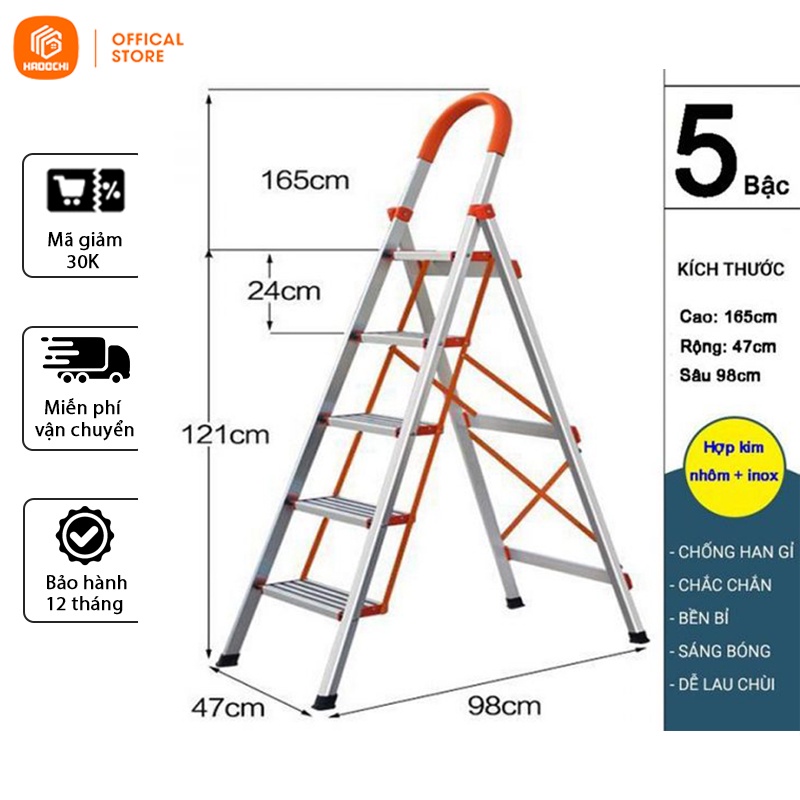 Thang nhôm ghế gấp gọn thông minh nhập khẩu chính hãng HADOCHI - Thang inox cao cấp cứng cáp an toàn 3,4,5,6,7 bậc