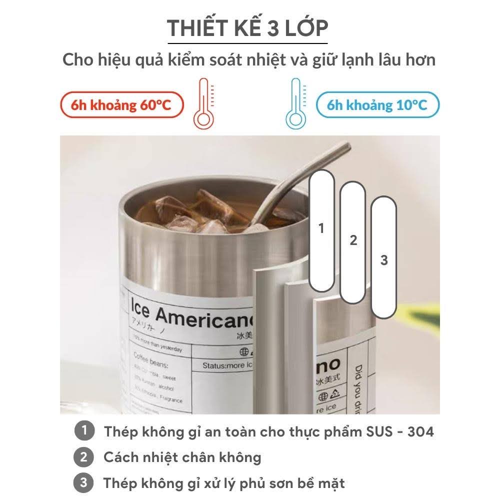Ly giữ nhiệt iced americano inox 304 loại dày dung tích 600ml