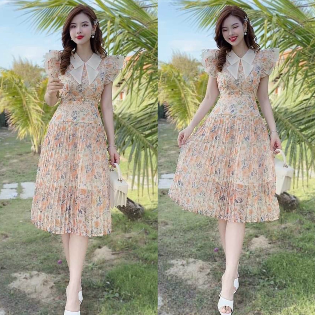 Đầm voan hoa dập ly phối cổ sơ mi vạt thanh lịch phối ống tay tiên siêu xinh xắn, tôn dáng thích hợp đi dự tiệc