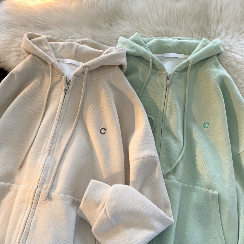 DIDIKA Áo khoác hoodie vải da cá thêu chữ sau lưng thời trang mùa thu cho nữ 260g