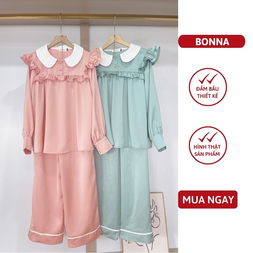 Đồ bầu mặc nhà và sau sinh BONNA chất liệu lụa cao cấp, thiết kế quần có chun cúc điều chỉnh, khóa kéo ti dưới bèo B069