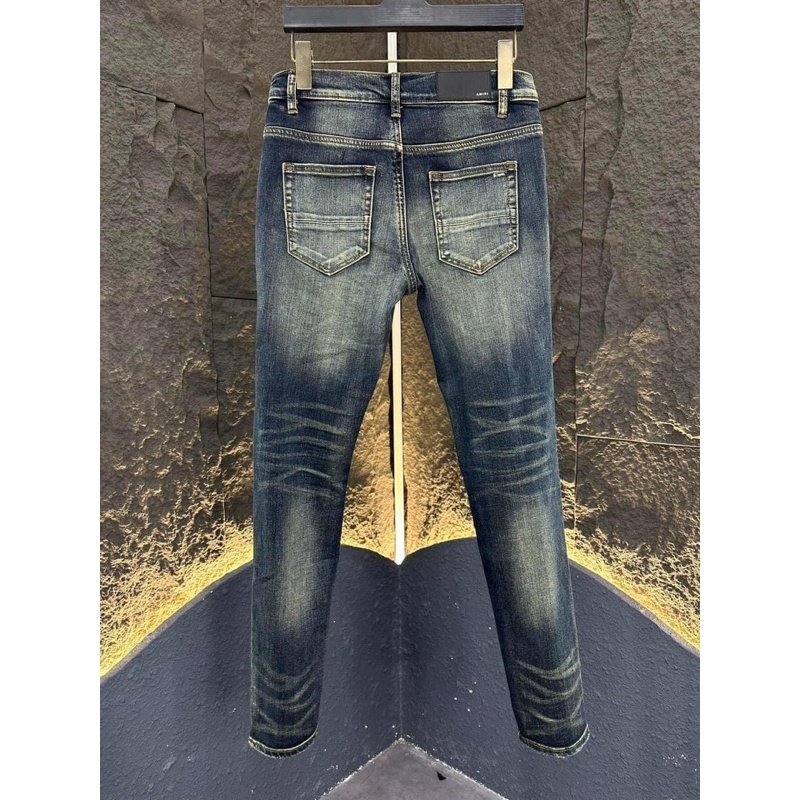 Quần jean bò nam skinny Amiri likeauth xanh thẫm mài rách xù đùi gối vá da nhăn gân đen cứng 4 cúc ống xếp sóng  014